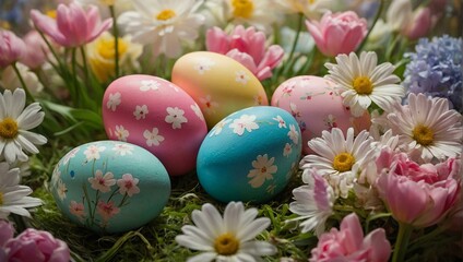 Fototapeta na wymiar An array of colorful Easter eggs decorated with flowers, nested among blooming spring flora