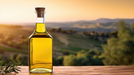 Golden Olive Oil Bottle on Wooden Table Overlooking Sunlit Hillside Landscape