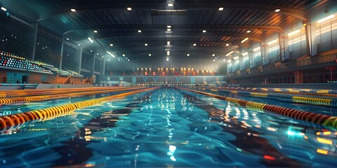 A computergenerated scene depicting a vibrant high school swimming meet at night. Concept Computer-generated scene, High school swimming meet, Vibrant colors, Night setting, Fast-paced action - obrazy, fototapety, plakaty
