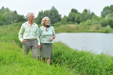 Fototapeta na wymiar Happy senior couple walking in summer park