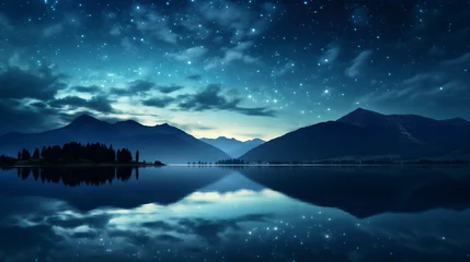 Papier peint Réflexion Dreamy surreal scenery of a starry night view of the mountain and the blue sky reflecting on the lake at night