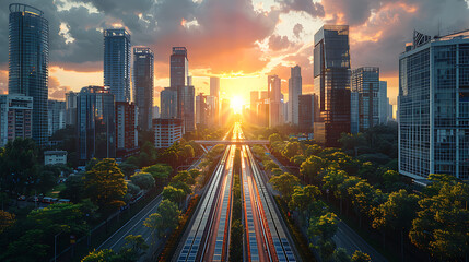 A futuristic cityscape with sleek skyscrapers and renewable energy infrastructure, illustrating a vision for sustainable urban development. - obrazy, fototapety, plakaty