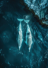 Aerial vertical image of two dolphins in the ocean.