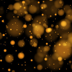 Obraz na płótnie Canvas Gold bokeh defocused lights glitter powder splash background. Golden dust. Magic mist glowing.