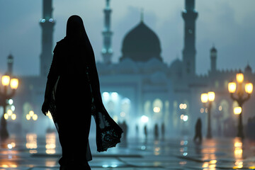 A Muslim woman in a niqab walking towards a big mosque