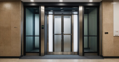 Fototapeta premium Modern elevator interior with open doors and sleek metallic design.