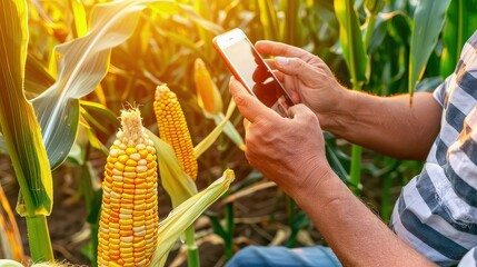 A farmer takes a photo of his harvest with a smartphone in a corn field. Bathed in golden hues, the farmer captures the essence of his cornfield's prosperity.