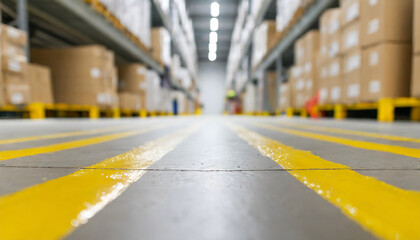 modern warehouse floor with yellow markings on the floor