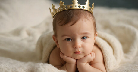 A newborn baby boy wearing a crown.