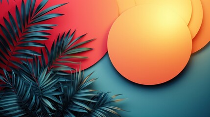 Abstract design with tropical leaves and stylized sun suggestive of summer warmth - obrazy, fototapety, plakaty