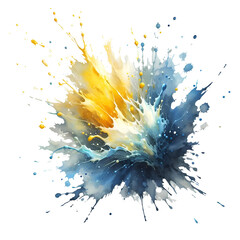 A blue and yellow watercolor splash creates a burst of color on a crisp white background.