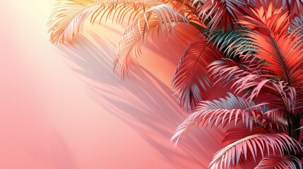 Fototapeta na wymiar Palm leaf shadows cast on peach background evoking a tropical sunset. Copy space. Banner with place for text
