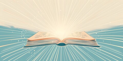 large open book with rays emanating from center of book in pastel colors, in style of a flat illustration, concept of educational resources,development and learning new things,copy space - obrazy, fototapety, plakaty