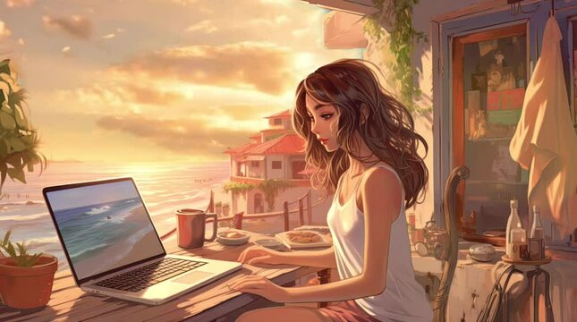 a girl wearing headphone listening music while working at the beach lo-fi music illustration animation loop background