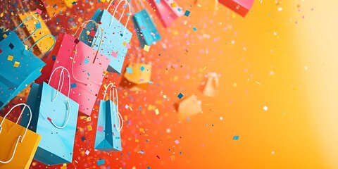 shopping bags flying with confetti, event sale and discount creative banner