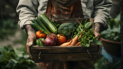  the hands of an unrecognizable farmer holding a box with organic vegetables and fruits - obrazy, fototapety, plakaty