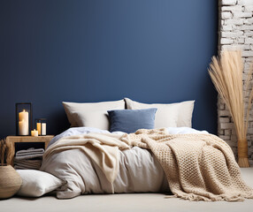 Bed with beige bedding against dark blue wall and brick wall. Scandinavian interior design of modern bedroom. - obrazy, fototapety, plakaty