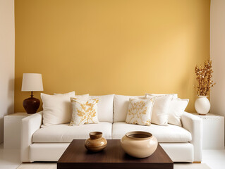 Fototapeta na wymiar White sofa against bright yellow empty wall with copy space. Farmhouse, french country home interior design of modern living room.