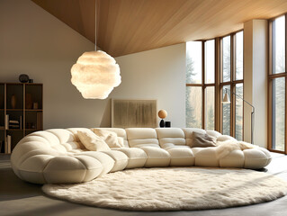 Puffy curved sofa in spacious room. Minimalist home interior design of modern living room.