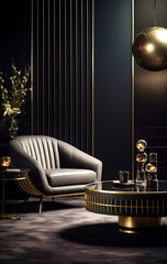 Black armchair near round coffee table with golden elements. Hollywood glam, luxury home interior design of modern living room.