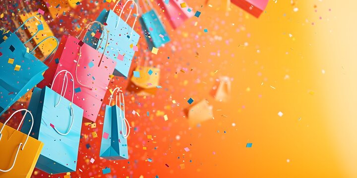 shopping bags flying with confetti, event sale and discount creative banner
