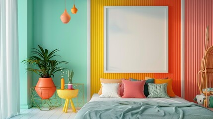 Mock up frame in cozy home interior bedroom background, coastal style bedroom. Colorful Room