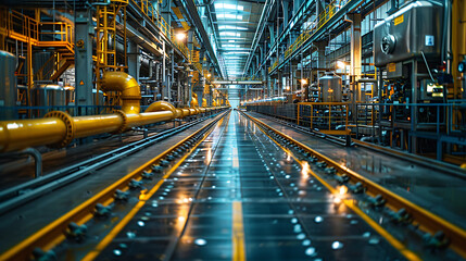 Fototapeta na wymiar A high-tech industrial setting with rows of solar panels and manufacturing equipment, symbolizing advancements in renewable energy technology