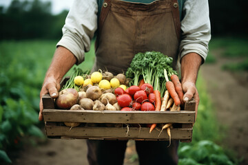  A close-up of a farmer's hands holding a wooden crate brimming with a vibrant harvest of fresh vegetables from the farm. Agriculture concept. Autumn harvest. Veganuary. World vegetarian day.
