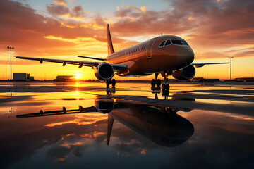 Fototapeta na wymiar Commercial airplane display Golden sky at sunset in evening is background. Parked at runway to prepare for takeoff. Realistic clipart template pattern.