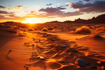 Tragetasche Desert hill under blue sky with golden sunlight like setting sun. Orange sand texture in Empty Quarter Desert Sand dunes. Abstract sand texture background. Realistic clipart template pattern. © Lucky