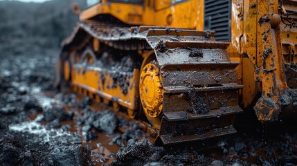 A bulldozer is moving rocks close-up 