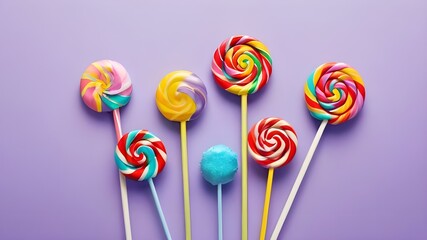 Pastel Colorful Lollipops On A Purple Backround.Generative AI