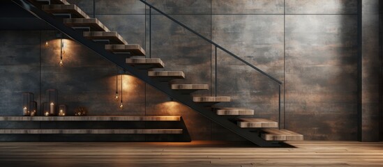 A set of iron stairs leading up to a higher platform, showcasing an industrial-themed design with raw material use.