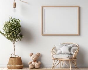 Mockup frame in children room with wicker furniture, Coastal boho style, 3d render