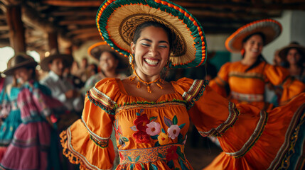 Woman in colorful traditional Mexican attire, smiling. Celebrating Cinco de Mayo