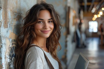 Portrait of a happy, young woman smiling gently in a well-lit, cafe environment. - obrazy, fototapety, plakaty