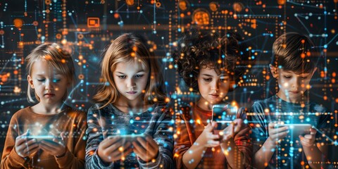 Children of various backgrounds engaged in technology activities during educational event. Concept Children, Technology Activities, Educational Event, Diverse Backgrounds