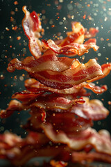 Dynamic Culinary Photograph of Flying Bacon Slices.