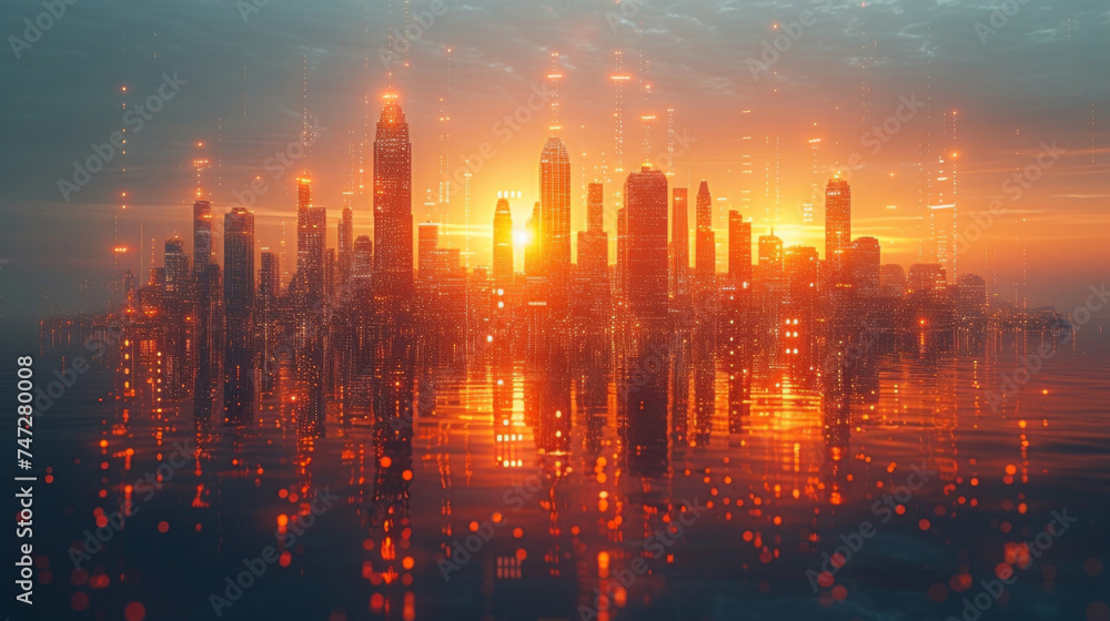 Aufkleber a digital city skyline divided into different sections each representing a key aspect of finance suc
