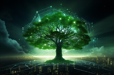 A living tree with glowing points of network connectivity, representing the development of environmental technology. Technological progress in the business future.