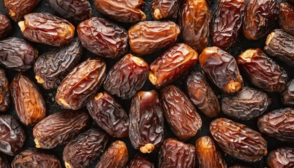 Obraz premium Full frame background top view of pile of appetizing dried date medjoul fruits arranged 