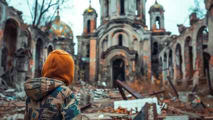Naklejka premium Innocence Amid Ruins: A Child Observing a Bombed-Out Church