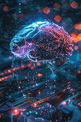 Artificial intelligence brain with digital neurons, symbolizing machine learning and smart technology evolution - obrazy, fototapety, plakaty