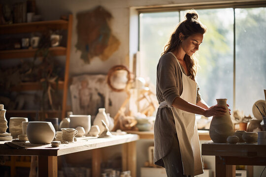 Woman, ceramic product and shelf in workshop, creative studio and manufacturing startup. Female small business owner, pottery designer and artist working with sculpture, creativity and craft process