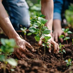 Earth Day celebration, hands planting trees, community action 