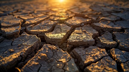 Golden sunlight highlights the textures of a vast cracked earth surface, depicting drought and...