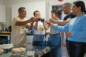 Members of family raising celebratory toast in kitchen