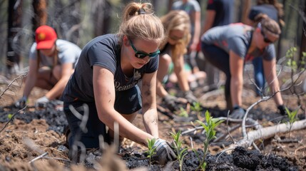 Habitat restoration, volunteers planting native species in burned forest