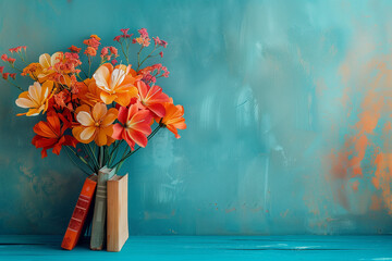 Old books stands as a foundation for a vibrant bouquet of orange-hued flowers, seemingly emerging from the pages, capturing the fusion of timeless wisdom and blooming creativity in a single frame.