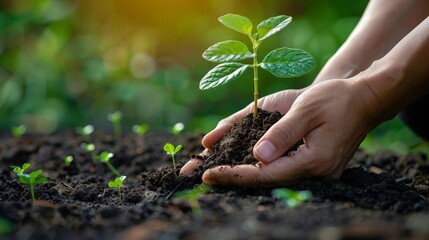 Close-up of human hands planting a small tree in fertile earth, symbolizing growth and environment care.